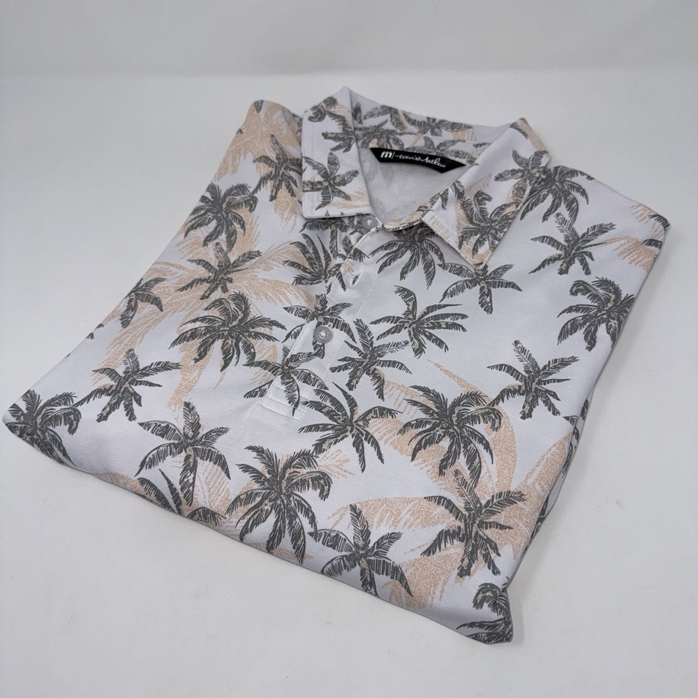 Travis Mathew Mens Palm Tree All Over Print Golf Polo Shirt White Gray Sz Med